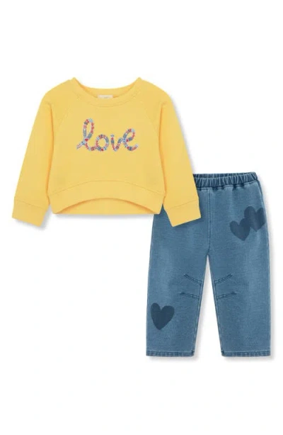 Peek Essentials Babies'  Love Appliqué Graphic Sweatshirt & Knit Pants Set In Yellow