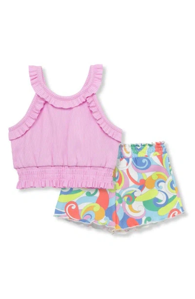 Peek Essentials Babies' Ruffle Rib Tank & Swirl Shorts Set In Lavender