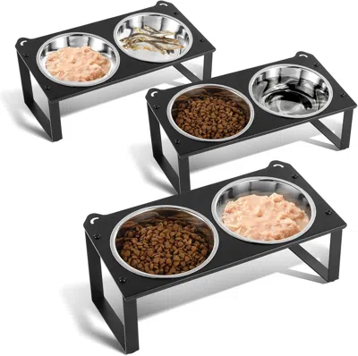 Peepets 3 Set Elevated Cat Food Water Bowls, 4 Stainless Steel Bowls For Indoor Pet With Cute Metal Stand, 1 In Black