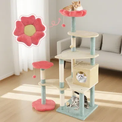Peepets 61 Inch Multi-level Aesthetic Floral Kitten Tower With Flower-shaped Padded Perch In Orange