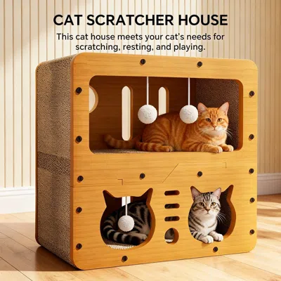 Peepets Cat Beds For Indoor Cats Wooden Cat Scratcher House & Cardboard Condos Covered Kitten Bed Cave Furni In Brown