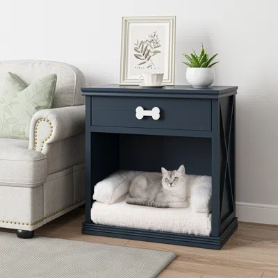 Peepets Cat Litter Box Enclosure With Large Drawer And Open Shelf Storage, Multi-functional Bedside Table Wi In Blue