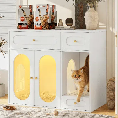 Peepets Cat Litter Box Enclosure With Led Light, Hidden Litter Box Furniture With Storage Drawers,fit Most O In White