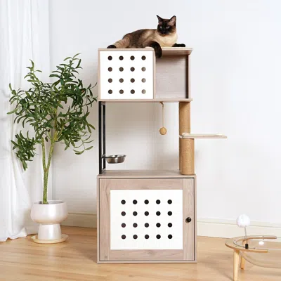 Peepets Cat Tree With Litter Box Enclosure, All-in-one Cat Tower For Indoor Cats With Large Hammock, Bed, Fo In Black