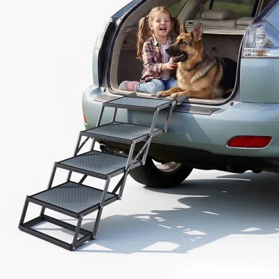 Peepets Dog Stairs For Car, 4 Steps Extra Wide Foldable Dog Ramp For Large Dogs With Non-slip Surface, Porta In Black