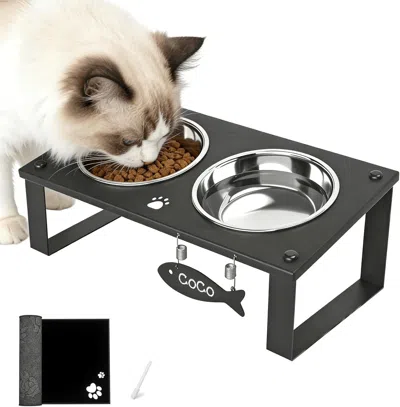 Peepets Elevated Cat Bowls With Splash Proof Mat For Kitten Puppy, 10° Tilted Raised Cat Bowl Stand Anti-vom In Black