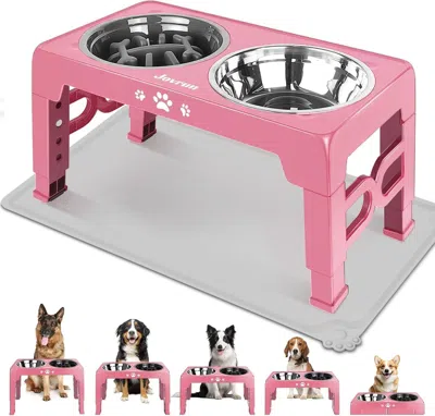 Peepets Elevated Dog Bowls For Medium Dogs And Cats With Mat, Non-slip Cat Bowls With 2 Thick 5.5" Stainless In Pink