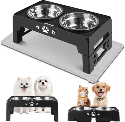 Peepets Elevated Dog Bowls For Small Dogs And Cats With Mat, Non-slip Cat Bowls With 2 Thick 5.5" Stainless  In Black