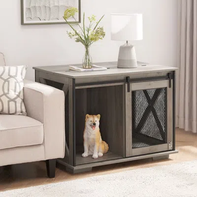 Peepets Farmhouse Dog Cage Crate Furniture With Sliding Barn Door, Farmhouse Wooden Dog Kennel End Table Wit In Gray