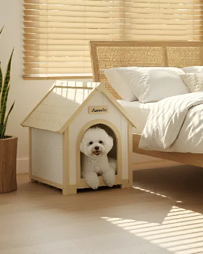Peepets Fsc Solid Cedar Pet House - Cream Yellow Cabin Style Indoor Shelter For Small Dogs & Cats In Neutral