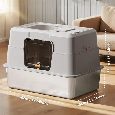 Peepets Fully Enclosed Stainless Steel Large Lid Cat Litter Box, High Edge Metal Cat Litter Tray With Cat Li In Gray