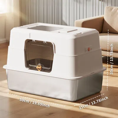 Peepets Fully Enclosed Stainless Steel Large Lid Cat Litter Box, High Edge Metal Cat Litter Tray With Cat Li In Neutral