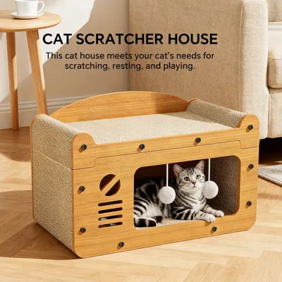 Peepets Indoor Cat Scratching Board House, Sturdy Frame 2-in-1 Cat Furniture, Resting Bed And Scratching Pos In Neutral