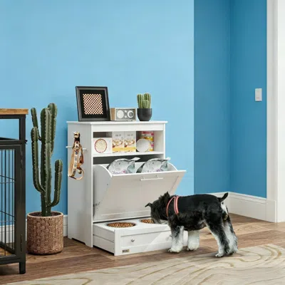 Peepets Pet Feeder Station Storage Cabinet, Dog Food Storage Container With Dog Raised Bowls In White