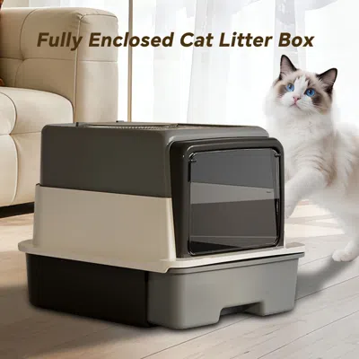 Peepets Pet Litter Box Fully Enclosed Spillproof Deodorant Cat Toilet Two-way Shovel Large Capacity Cat Toil In Gray