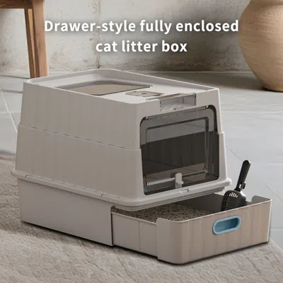 Peepets Pet Litter Box Fully Enclosed Spillproof Deodorant Cat Toilet Two-way Shovel Large Capacity Cat Toil In Gray