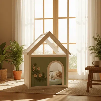 Peepets Transparent Roof Wooden Pet House With Floral Carvings Fsc Cedar Indoor Shelter For Cats & Small Dog In White