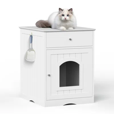 Peepets Wooden Pet House Cat Litter Box Enclosure With Drawer, Side Table, Indoor Pet Crate, Cat Home Nights In White