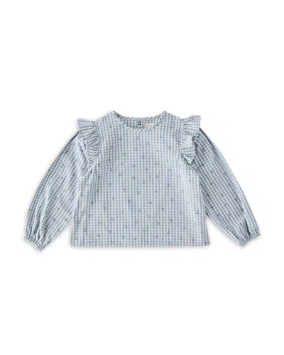 Pehr Girls' Printed Gingham Ruffled Cotton Top - Baby In Blue