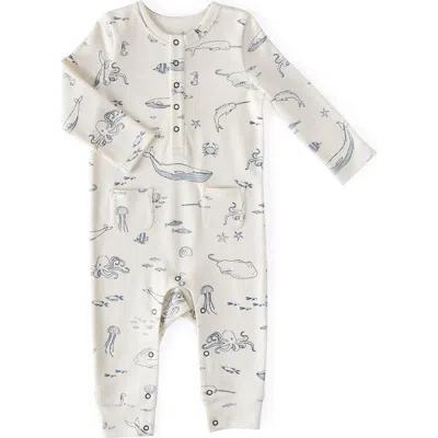 Pehr Babies'  Life Aquatic Patch Pocket Organic Cotton Henley Romper In Blue