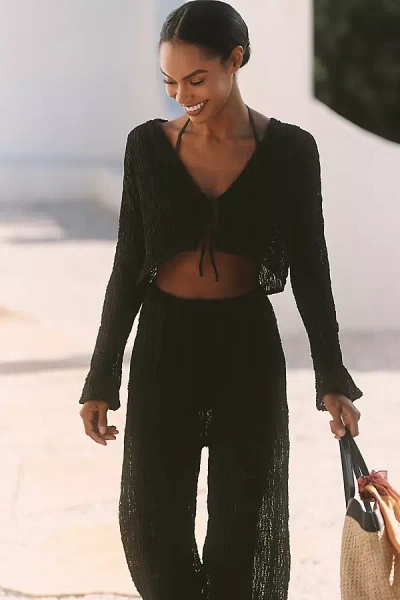 Peixoto Jesse Linen Blend Tie-front Crop Top In Black