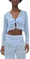 Peixoto Jesse Linen Blend Long-sleeve Tie-front Top In Cloud Blue Weave
