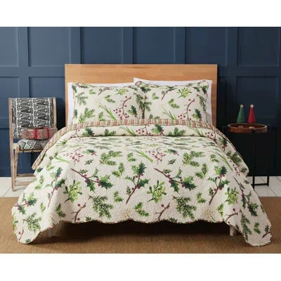 Peking Handicraft Balsam & Berries 100% Cotton Quilt Set In Green;red;ivory