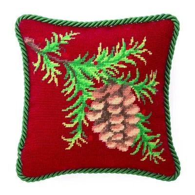 Peking Handicraft Balsam And Pinecone Needlepoint Holiday Petite Size Throw Pillow - 10" Square In Green;red