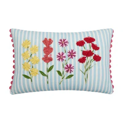 Peking Handicraft Blue Stripe Floral Embroidered Oblong Pillow In Blue;green;red;yellow