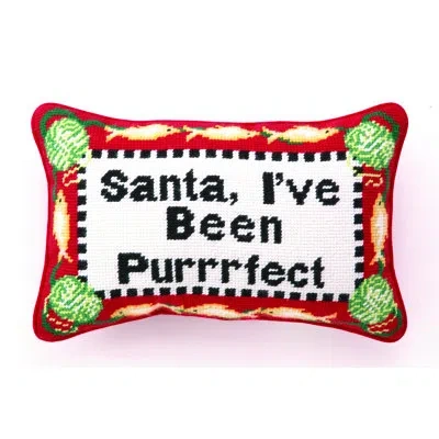 Peking Handicraft Cat Purrrfect Needlepoint Petite Holiday Throw Pillow In Black;white;red