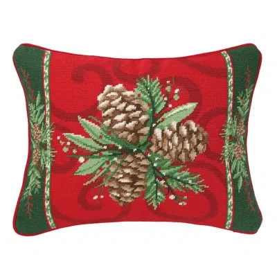 Peking Handicraft Christmas Bayberry Pine Needlepoint Lumbar Pillow In Green;red