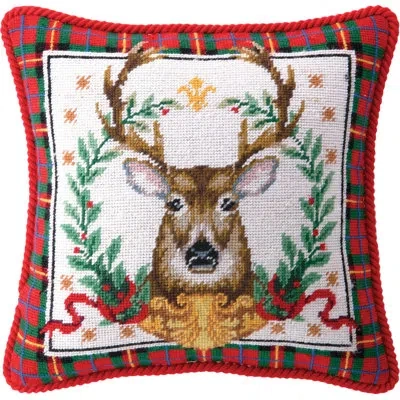 Peking Handicraft Christmas Deer Needlepoint Wool Throw Pillow - 14" Square In Green;red;ivory