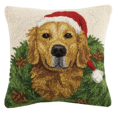 Peking Handicraft Christmas Dogs Hook In Wreath Golden Retriever Wool Throw Pillow
