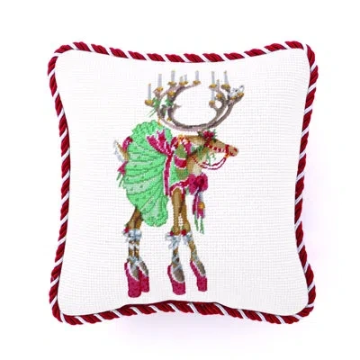 Peking Handicraft Dancer Reindeer Needlepoint Petite Holiday Throw Pillow - 10" Square In White;green;red