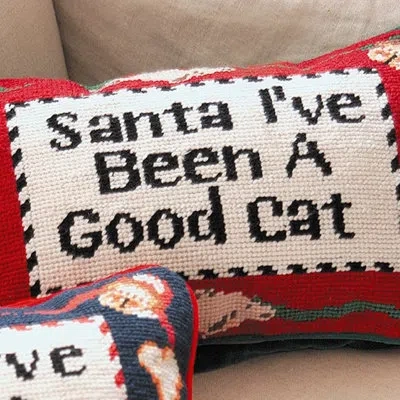 Peking Handicraft Good Cat Needlepoint Petite Holiday Throw Pillow - 8x12" In Black;white;red
