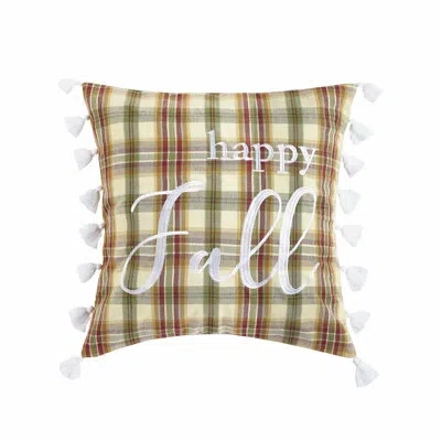 Peking Handicraft Happy Fall Embroidered Plaid Throw Pillow