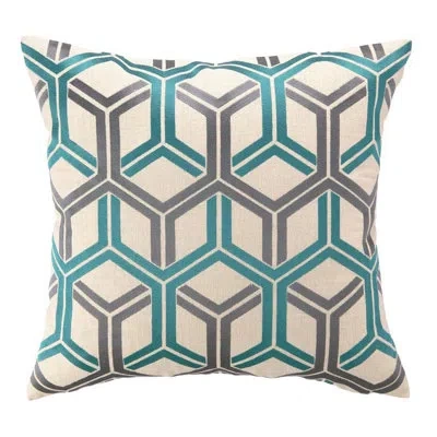 Peking Handicraft Interlock Embroidered 100% Linen Down/feather Filled Pillow - 20" Square In Sea Blue