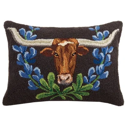 Peking Handicraft Longhorn & Bluebonnets Wool Hook Throw Pillow In Multi