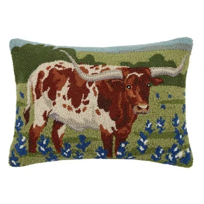 Peking Handicraft Longhorn In Bluebonnets Wool Hook Throw Pillow In Blue;brown;green
