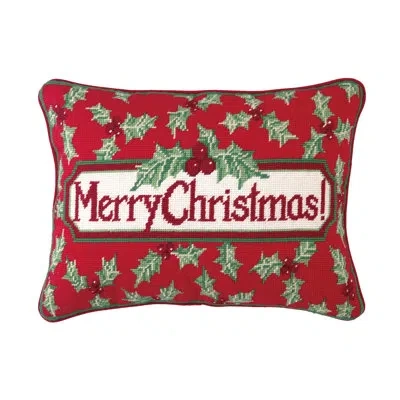 Peking Handicraft Merry Christmas Holly Needlepoint Lumbar Pillow