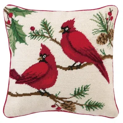 Peking Handicraft Needlepoint Winterberry Cardinals Wool Throw Pillow