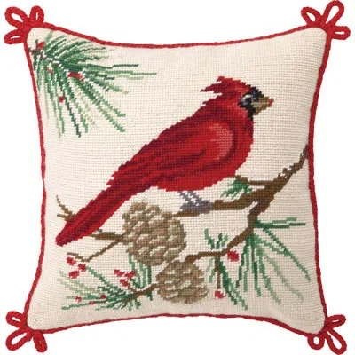 Peking Handicraft Needlepoit Cardinal Wool Throw Pillow