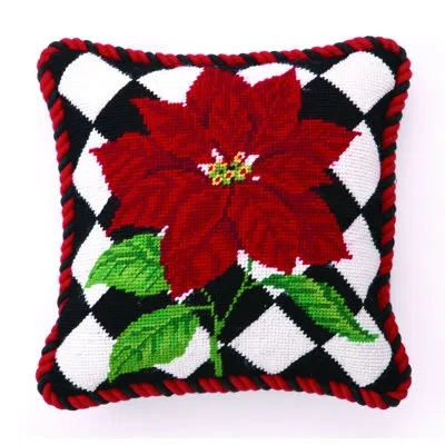 Peking Handicraft Poinsettia Diamonds Needlepoint Throw Pillow