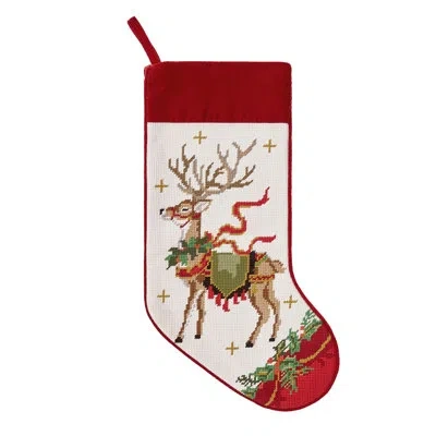 Peking Handicraft Reindeer With Wreath Embroidered Needlepoint Stocking In Brown;red;cream