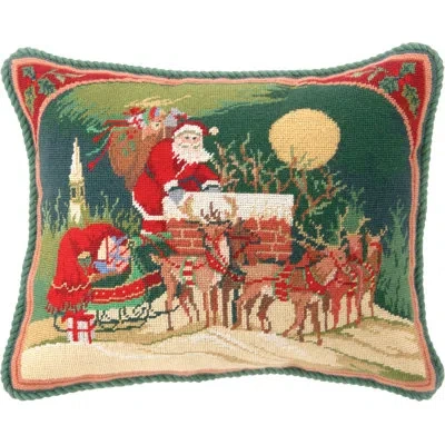 Peking Handicraft Santa & Reindeer Needlepoint Holiday Pillow - 16x20" In Green;red