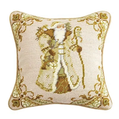 Peking Handicraft Santa Gold Metallic Needlepoint Petite Size Throw Pillow - 12" Square In Gold;cream