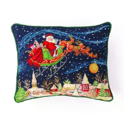 Peking Handicraft Santa Handmade Needlepoint Holiday Throw Pillow In Blue