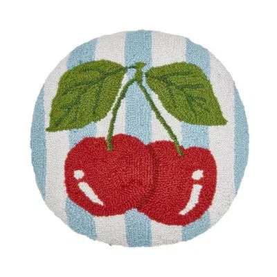 Peking Handicraft Stripe Cherries Wool Hook Pillow In Blue;white;red