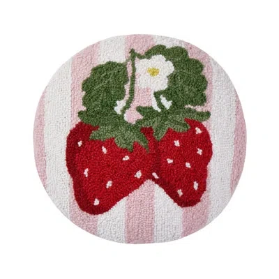 Peking Handicraft Stripe Strawberries Wool Hook Pillow In White;red;pink