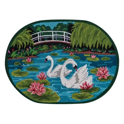 Peking Handicraft Swans With Lotus Flower Wool Hook Rug In White;green;blue